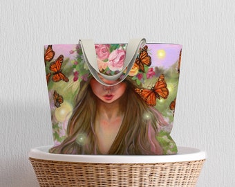Spring Large Tote, Butterfly tote bag, Canvas Tote, Butterfly Canvas Shopping Bag, Cottagecore bag, Gifts For Nature Lover, Gift For Her
