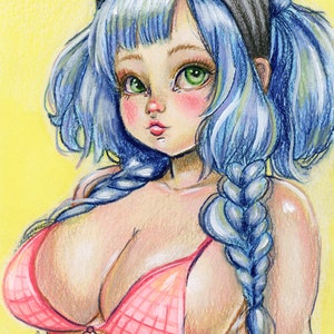 Pinup Girl Drawing, 5.5 X 8.5 inches, Kawaii paintings, original art, Curvy Girl Drawing, fantasy art, whimsical, illustration