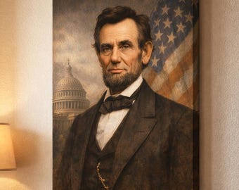 May include: A framed canvas print of Abraham Lincoln, depicted in a formal portrait. He is wearing a dark suit, vest, and bow tie. The American flag and the Capitol Building are visible in the background. The artwork is displayed on a white wall.