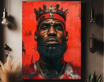 May include: A digital painting of a basketball player wearing a crown. The player has a beard and is looking directly at the viewer. The background is a bright red color.