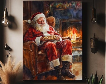 May include: A watercolor painting of Santa Claus sitting in a leather armchair by a fireplace. He is holding a plate of cookies and has a relaxed expression on his face.