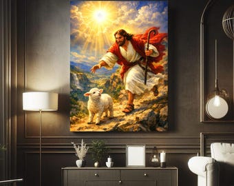 May include: A framed religious painting depicts a figure in a red robe and white garment, holding a staff, reaching towards a lamb. The background features a bright sun, blue sky, and a mountainous landscape. The artwork is displayed on a dark wall.