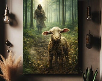 May include: A canvas print depicting a lamb standing on a forest path, with a figure in the background. The lamb has light brown wool and large ears. The background shows a forest with tall trees and a figure walking towards the lamb.