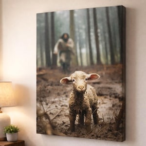 Jesus Running After a Lost Lamb Wall Art Canvas Print - Christian Gift