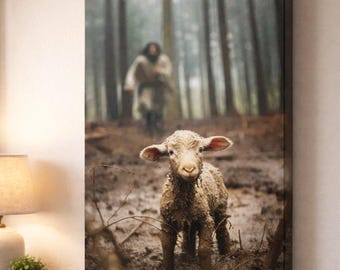 Jesus Running After a Lost Lamb Wall Art Canvas Print - Christian Gift