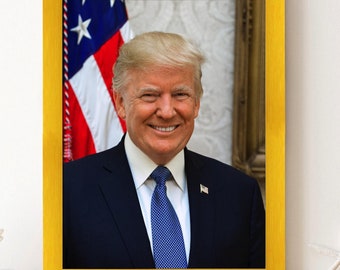 May include: A framed portrait of a man in a dark suit and blue tie, standing in front of an American flag. The man is smiling and looking directly at the camera.