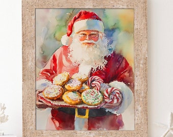 May include: A watercolor painting of Santa Claus holding a tray of Christmas cookies and candy canes. He is wearing a red suit with white trim and a white beard. The background is a blurred watercolor wash of green and blue.