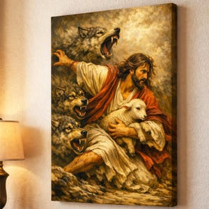 May include: A canvas print depicting a religious scene. A figure in white and red robes holds a lamb, surrounded by snarling wolves. The artwork has a warm color palette with a focus on the central figures and dramatic lighting.