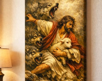 May include: A canvas print depicting a religious scene. A figure in white and red robes holds a lamb, surrounded by snarling wolves. The artwork has a warm color palette with a focus on the central figures and dramatic lighting.