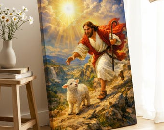 The Good Shepherd and the Found Lamb - Christian Wall Art Print or Canvas, Jesus Rescuing Sheep, Custom Religious Gift for Believers