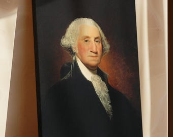 May include: A portrait painting of George Washington, the first president of the United States. The painting depicts Washington in a dark suit with a white cravat, against a dark background.