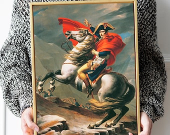 Napoleon Bonaparte Art Canvas Print, Crossing the Alps by Jacques-Louis David Reproduction Painting, Napoleon Bonaparte Framed Canvas Art