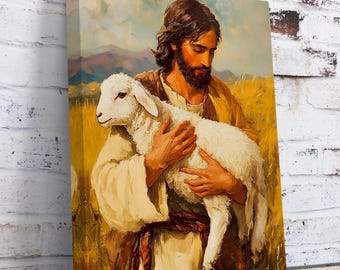 May include: A painting of a man with a beard holding a white lamb in his arms. The man is wearing a brown robe and the lamb is looking at the viewer. The background is a field of grass.
