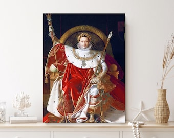 May include: A framed canvas print of a regal figure in a red and white robe, seated on a golden throne. The portrait features a man wearing a crown and holding a scepter, with ornate gold detailing and a dark background. The artwork is displayed on a white dresser.