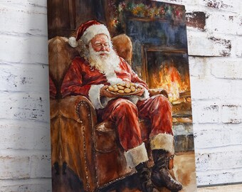 May include: Santa Claus, wearing a red suit and white beard, sits in a leather armchair by a fireplace. He holds a plate of cookies in his lap and appears to be asleep.