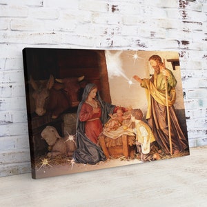 May include: A nativity scene with a wooden manger, a baby Jesus, Mary, Joseph, and a lamb. The scene is lit by a bright star and surrounded by animals.