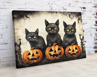 Pumpkin and Cats Halloween Art Canvas Print Decor, Halloween Wall Art Decor, Digital Painting Canvas Print, Framed Print, Halloween Print