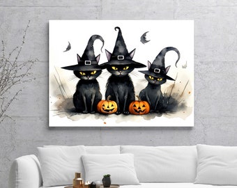 3 Witch Cats Halloween Canvas Print Decor, Halloween Home Decor Canvas, Pumpkin and 3 Witch Cats Art, Custom Canvas Print, Framed Art Poster