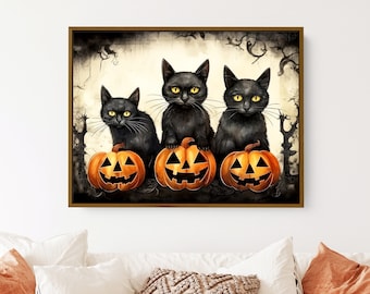 Halloween Home Decor Art Canvas Print, Halloween Wall Art Decor, Pumpkin and Cats Canvas, Custom Painting Canvas Print, Framed Poster