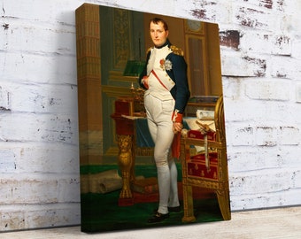 May include: A painting of a man in a military uniform standing in a room with a chair and a table. He is wearing a white shirt, a blue jacket, and white pants. He has a sword in his right hand and a book in his left hand.