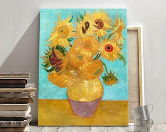 Van Gogh Vase Twelve Sunflowers, Reproduction art print, Yellow flowers wall decor, Sunflowers painting, Fine Art Framed Canvas Print Art