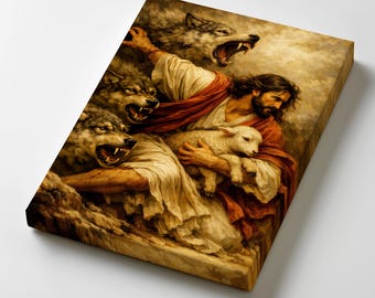 May include: A canvas print depicting a religious scene. It features a man in white and red robes holding a lamb, surrounded by snarling wolves. The text "Premium 0.75" Thick Canvas" and "Ready to Hang" are visible.