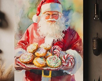 May include: A watercolor painting of Santa Claus holding a tray of Christmas cookies and candy canes. The cookies are decorated with colorful sprinkles and the candy canes are red and white.