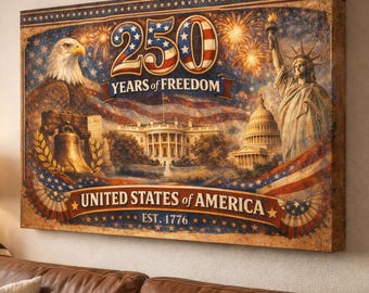 May include: A rectangular canvas print featuring patriotic imagery. The artwork includes an eagle, the Liberty Bell, the White House, the Capitol Building, and the Statue of Liberty. Text reads "250 Years of Freedom" and "United States of America, Est. 1776."