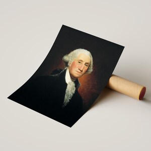 May include: A portrait painting of George Washington, the first president of the United States. He is wearing a black coat with a white cravat and has a powdered wig. The background is a dark brown.
