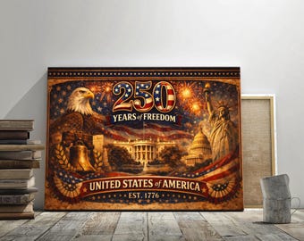 May include: A patriotic canvas print celebrating 250 Years of Freedom, featuring an American flag, the White House, the Statue of Liberty, and an eagle. The artwork includes the text "United States of America Est. 1776".