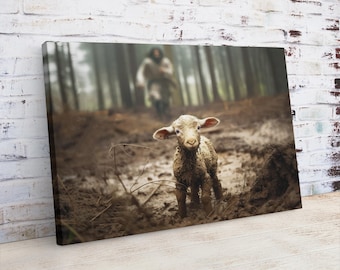 May include: A white lamb stands in a muddy field, looking directly at the camera. The lamb is in focus, while the background is blurred. The lamb is standing in a muddy field, with trees in the background.