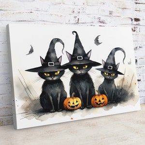 K&ouml;nnte beinhalten: Drei schwarze Katzen mit Hexenh&uuml;ten und K&uuml;rbissen in Form von Jack-o'-Lantern. Aquarellmalerei.