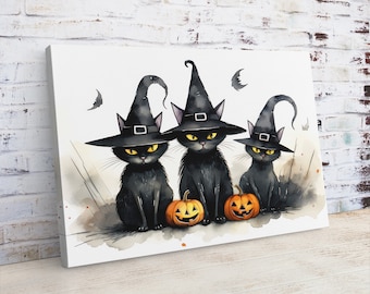 Halloween Wall Art Print, Halloween Home Decor Canvas, Pumpkin and 3 Witch Cats Art, Custom Canvas Print, Framed Art Poster