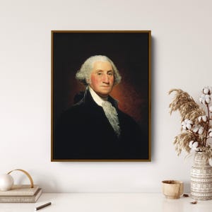 May include: A portrait painting of George Washington, the first president of the United States. The painting is in a dark, muted colour palette and features Washington in a black coat with a white cravat. He has a serious expression on his face.