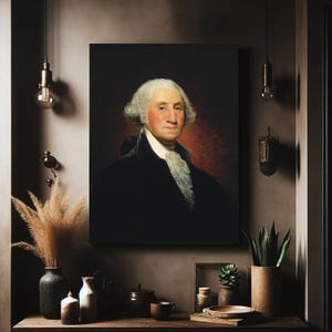 May include: A portrait painting of George Washington, the first president of the United States, in a black suit with a white cravat. The painting is framed and hanging on a wall in a room with brown walls and decorative lighting.