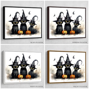 K&ouml;nnte beinhalten: Drei schwarze Katzen mit Hexenh&uuml;ten und K&uuml;rbissen. Aquarellgem&auml;lde auf Leinwand.
