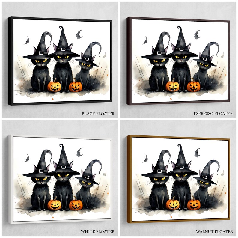 K&ouml;nnte beinhalten: Drei schwarze Katzen mit Hexenh&uuml;ten und K&uuml;rbissen. Aquarellgem&auml;lde auf Leinwand.