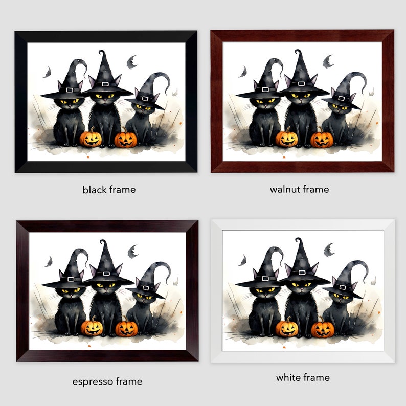 K&ouml;nnte beinhalten: Drei schwarze Katzen mit Hexenh&uuml;ten und orangefarbenen K&uuml;rbissen. Aquarellgem&auml;lde in einem schwarzen, Nussbaum-, Espresso- oder wei&szlig;en Rahmen.