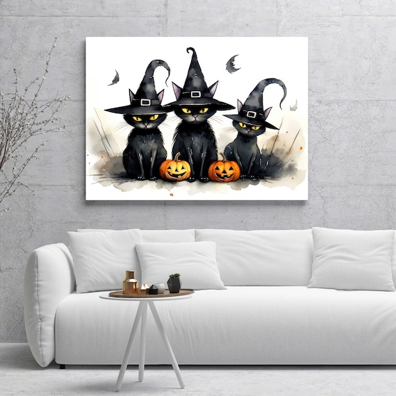 3 Witch Cats Halloween Canvas Print Decor, Halloween Home Decor Canvas, Pumpkin and 3 Witch Cats Art, Custom Canvas Print, Framed Art Poster