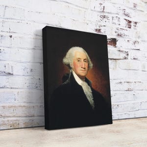 May include: A portrait painting of George Washington, the first president of the United States. He is wearing a black coat with a white cravat and has a powdered wig. The background is a dark brown.