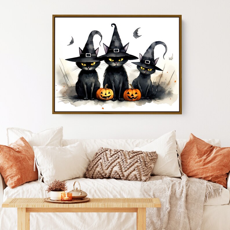 K&ouml;nnte beinhalten: Drei schwarze Katzen mit Hexenh&uuml;ten und K&uuml;rbissen in Form von Gesichtern. Aquarell-Malstil.