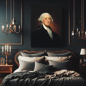 May include: A dark blue bedroom with a large painting of George Washington hanging above a bed with a dark grey headboard and black bedding.