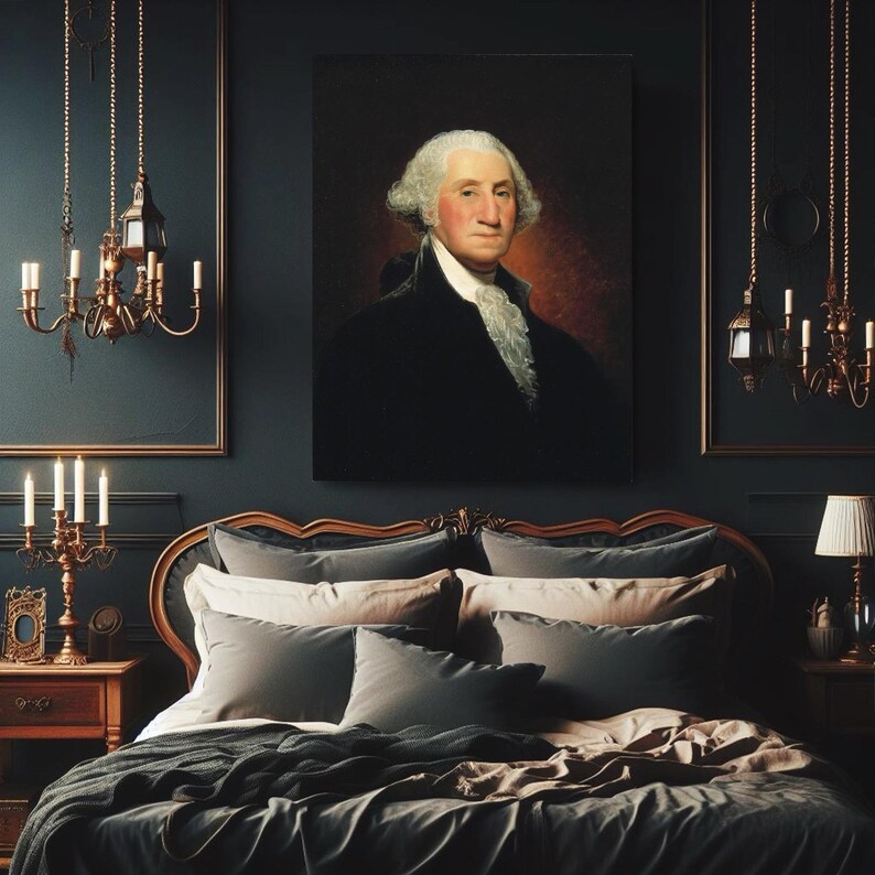 May include: A dark blue bedroom with a large painting of George Washington hanging above a bed with a dark grey headboard and black bedding.