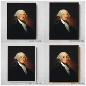 May include: A framed portrait of George Washington, the first president of the United States, in a black frame with a white mount.