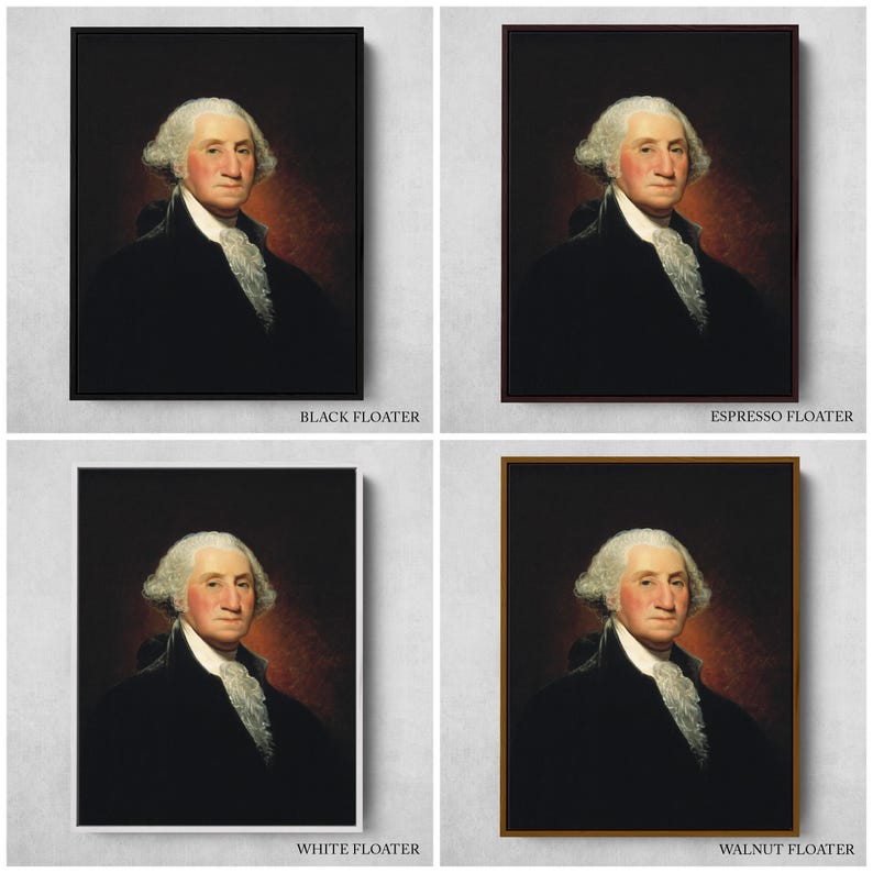 May include: A framed portrait of George Washington, the first president of the United States, in a black frame with a white mount.