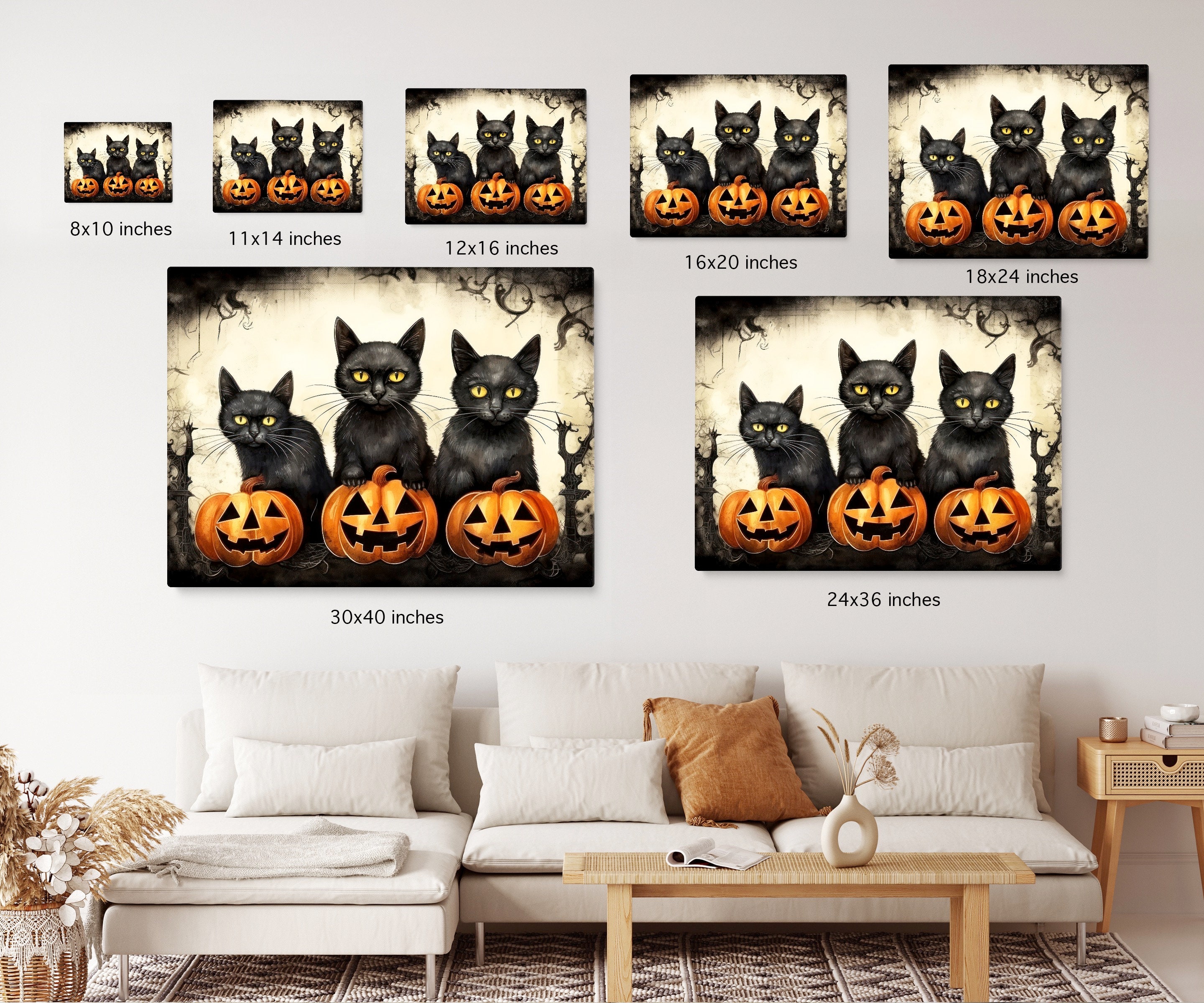 Pumpkin and Cats Halloween Art Canvas Print Decor, Halloween Wall Art ...