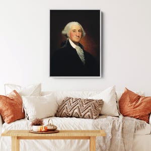 May include: A portrait painting of George Washington, the first president of the United States. He is wearing a black coat with a white cravat and has a powdered wig. The background is dark.