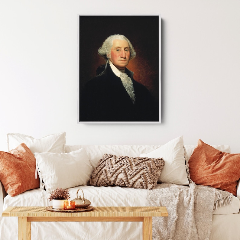 May include: A portrait painting of George Washington, the first president of the United States. He is wearing a black coat with a white cravat and has a powdered wig. The background is dark.