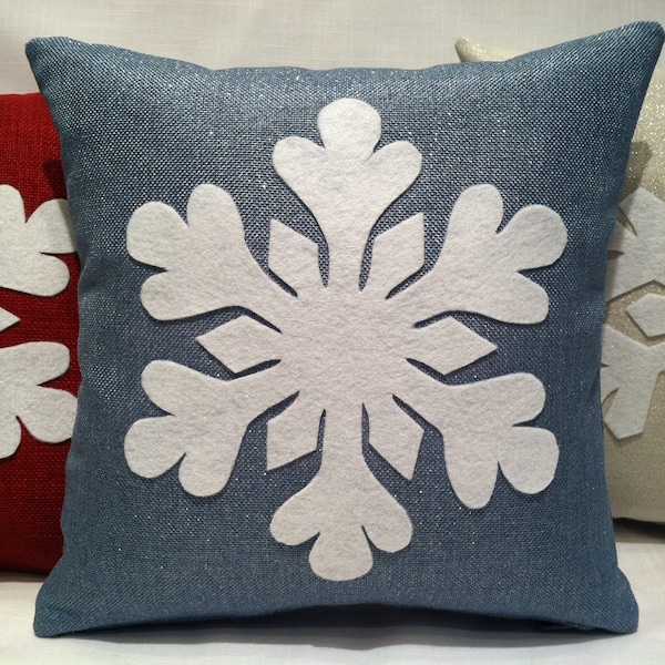 Sparkly Blue Snowflake Pillow Cover, Christmas Snowflake Pillow Cover with Round edges on the White Glitter Felt Snowflake, Holiday Pillow