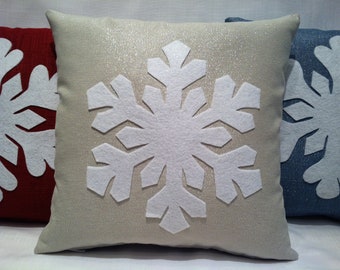 Sparkly Silver Snowflake Pillow Cover. Christmas Snowflake Pillow Cover w/ Square edges on the White Glitter Felt Snowflake, Holiday Pillow